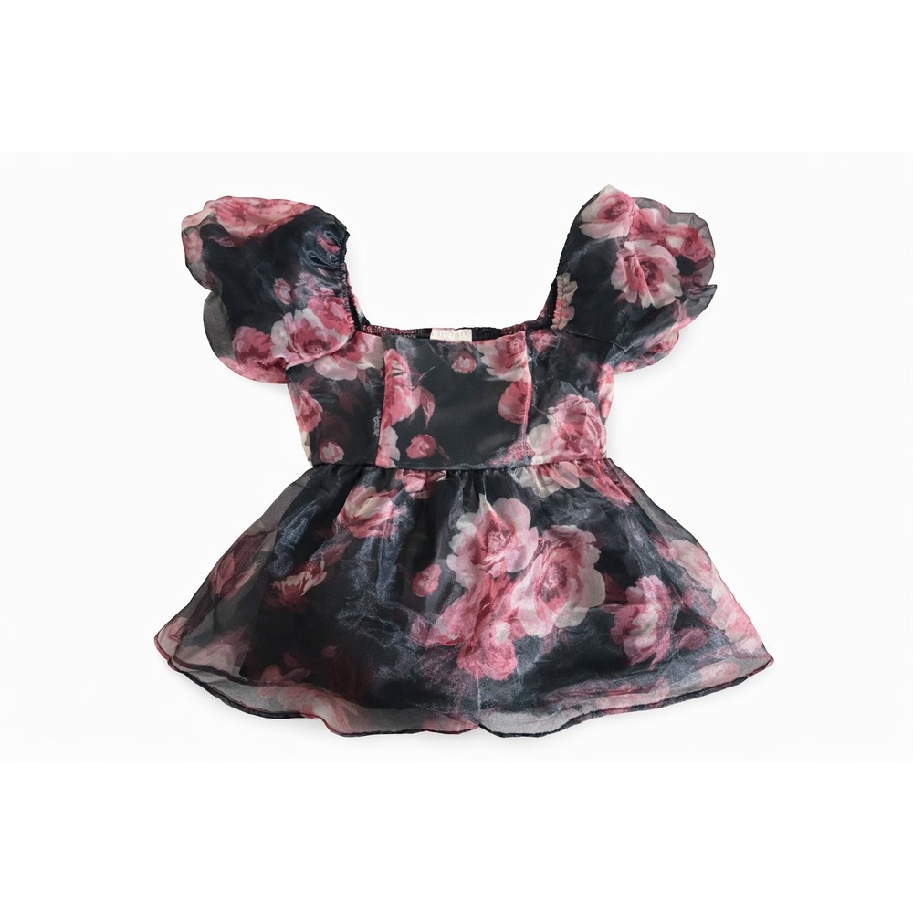 Thirty Thirty Womens Floral Cropped Babydoll Blouse Top Puff Sleeves Lined Size